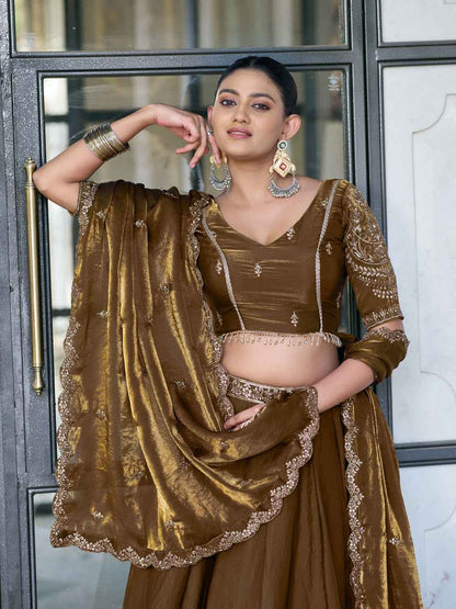 Brown Pure Fendi Silk Sequins &amp; Thread Embroidery Work Lehenga Choli