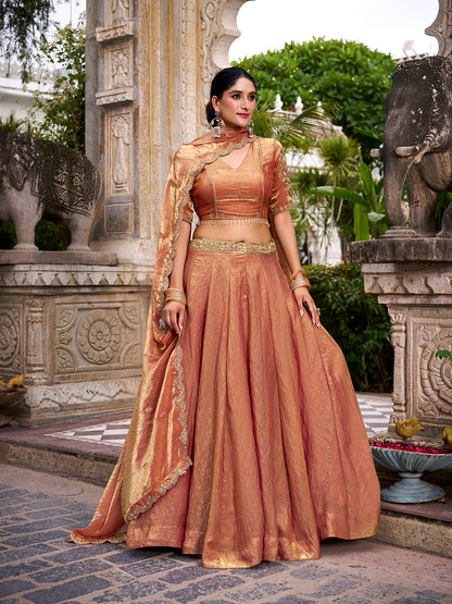 Orange Pure Fendi Silk Sequins &amp; Thread Embroidery Work Lehenga Choli