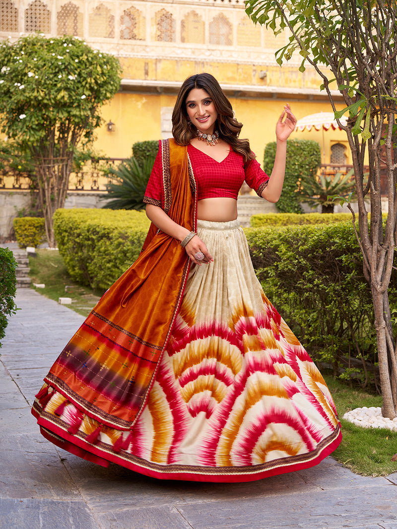 Red Color Tie And Dye Printed Tasar Silk Lehenga Choli ##color## Sequins Lehenga with premium fabric and embroidery
