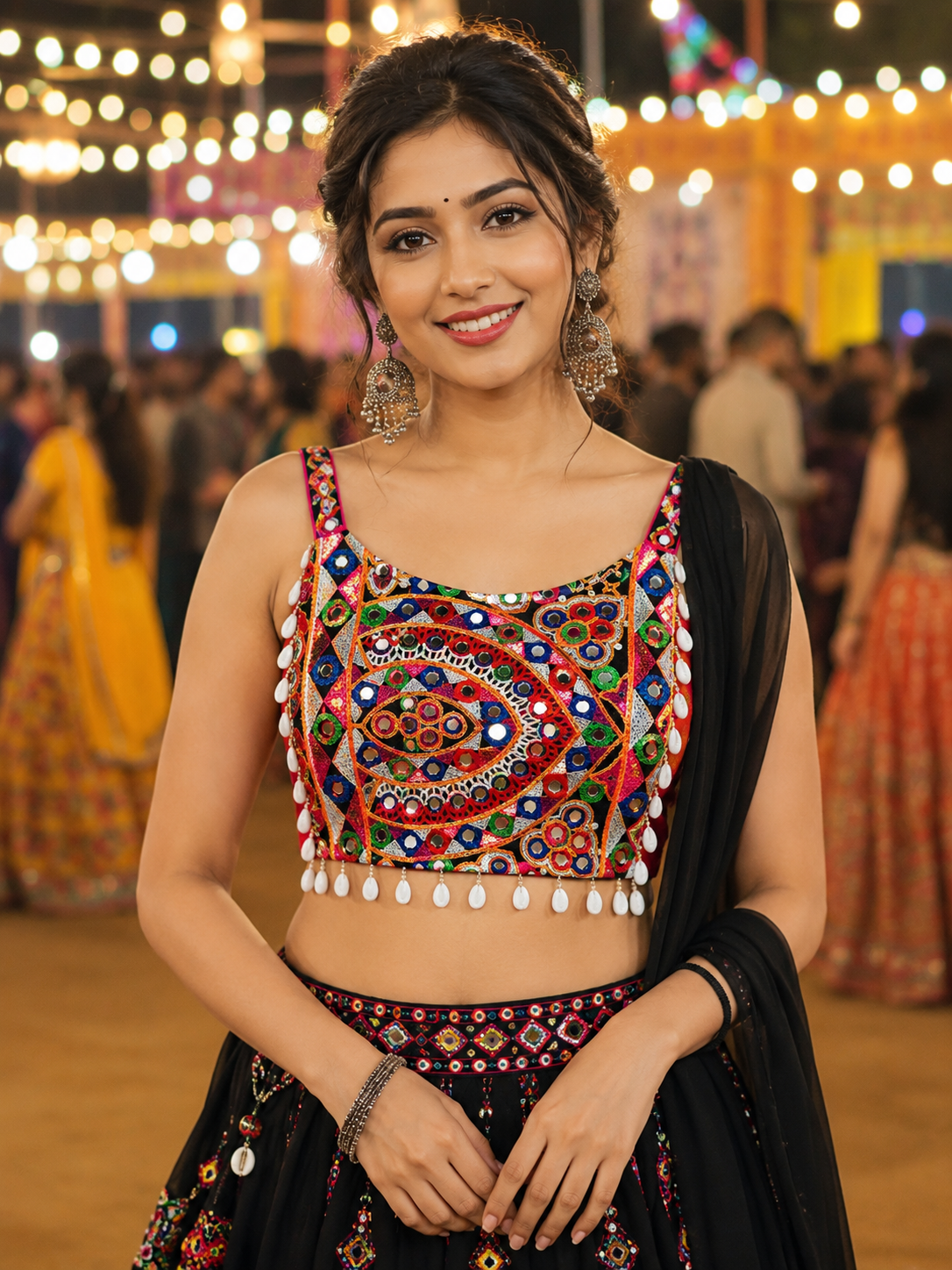 Black Pure Soft Cotton Thread with Kaudi Hand Mirror Work Navratri Blouse