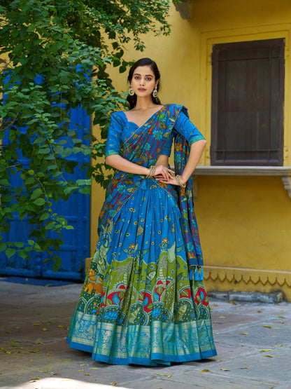 Light Sky Pure Tasar Silk Kalamkari Print With Foil Work Lehenga Choli