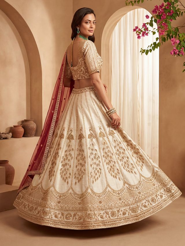 Off White Pure Soft Heavy Net Sequins Embroidery Work Bridal Lehenga Choli 
