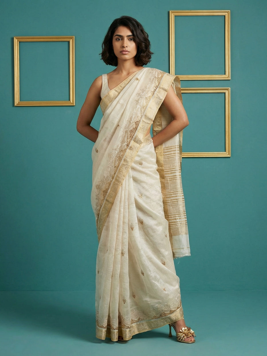 Chickoo Pure Tussar Silk Cutwork Chit Pallu Embroidered Saree ##color## Tussar Saree with premium fabric and embroidery