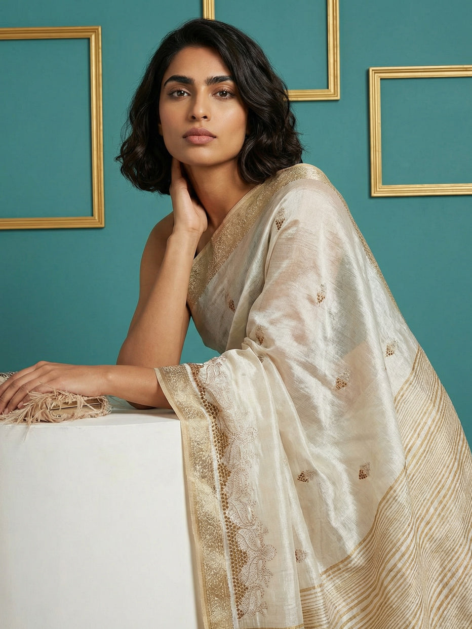 Chickoo Pure Tussar Silk Cutwork Chit Pallu Embroidered Saree ##color## Tussar Saree with premium fabric and embroidery