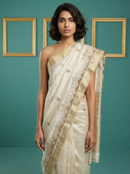 Chickoo Pure Tussar Silk Cutwork Chit Pallu Embroidered Saree 