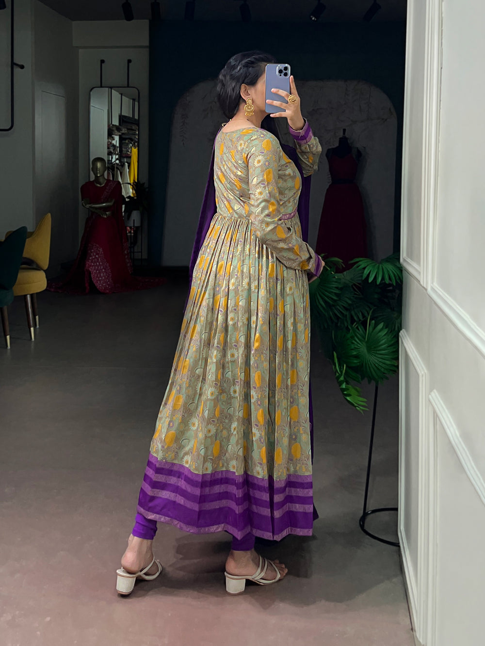 Purple Pure Tasar Silk Floral Print &amp; Elegant Foil Work Anarkali Suit