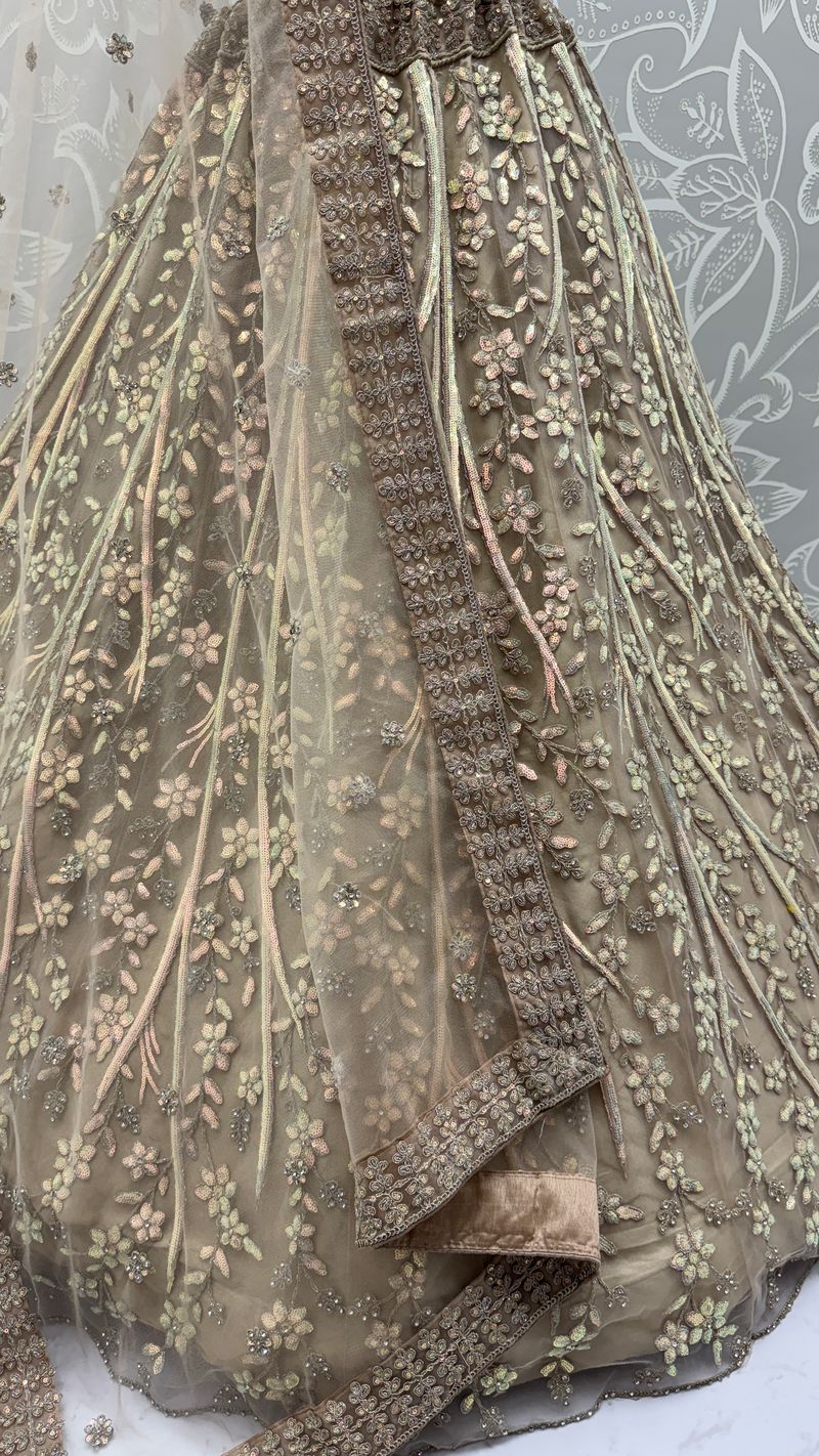 Golden Pure Soft Net Heavy Embroidery Work Bridal Lehenga