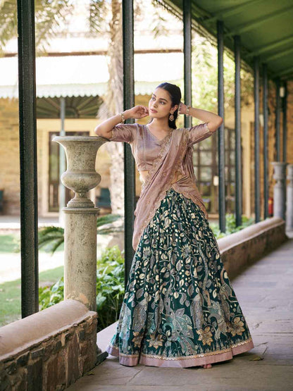 Forest Green Pure Soft Tussar Silk Kalamkari Print Lehenga Choli