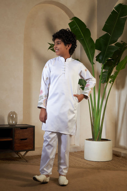 White Pure Satin Silk Kids Boy Kurta Pajama With Koti Jacket 