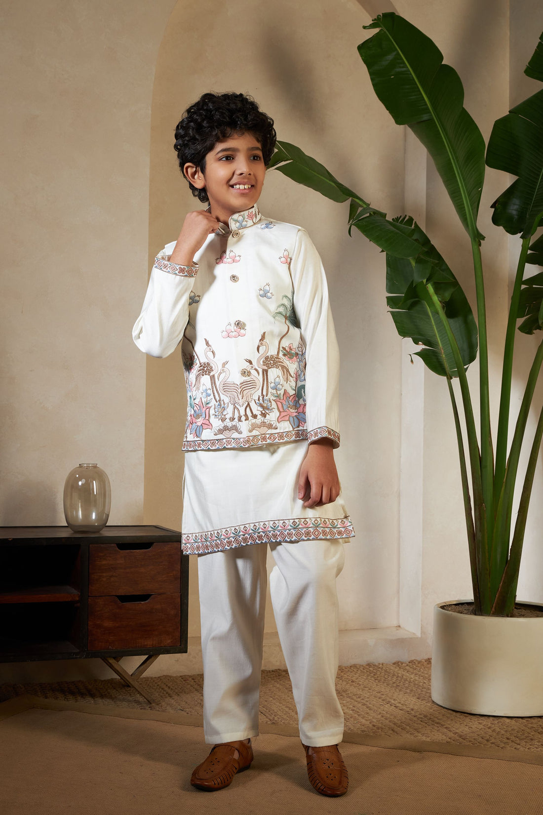 White Pure Viscose Silk Silk Kids Boy Kurta Pajama With Koti Jacket 
