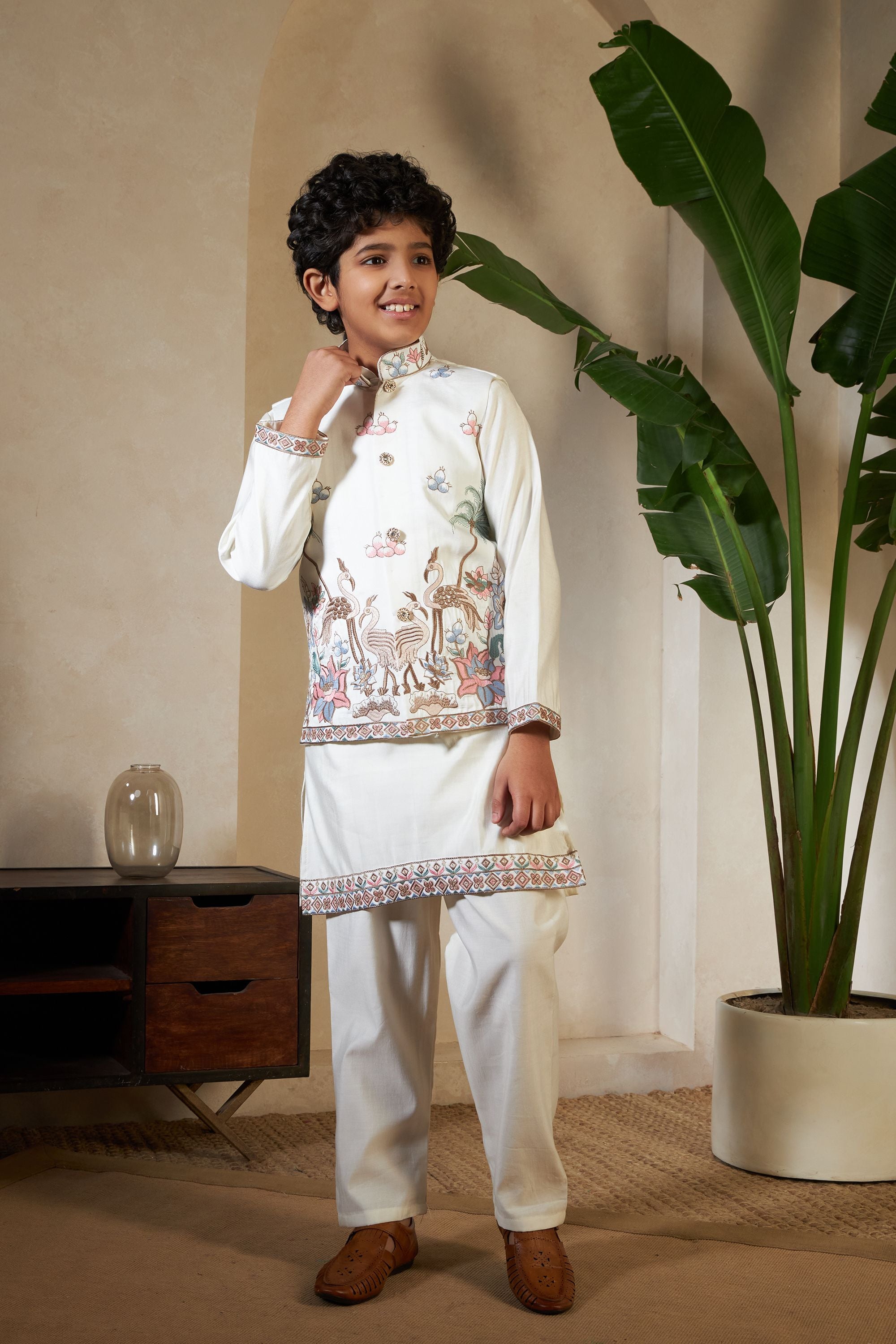 White Pure Viscose Silk Silk Kids Boy Kurta Pajama With Koti Jacket 