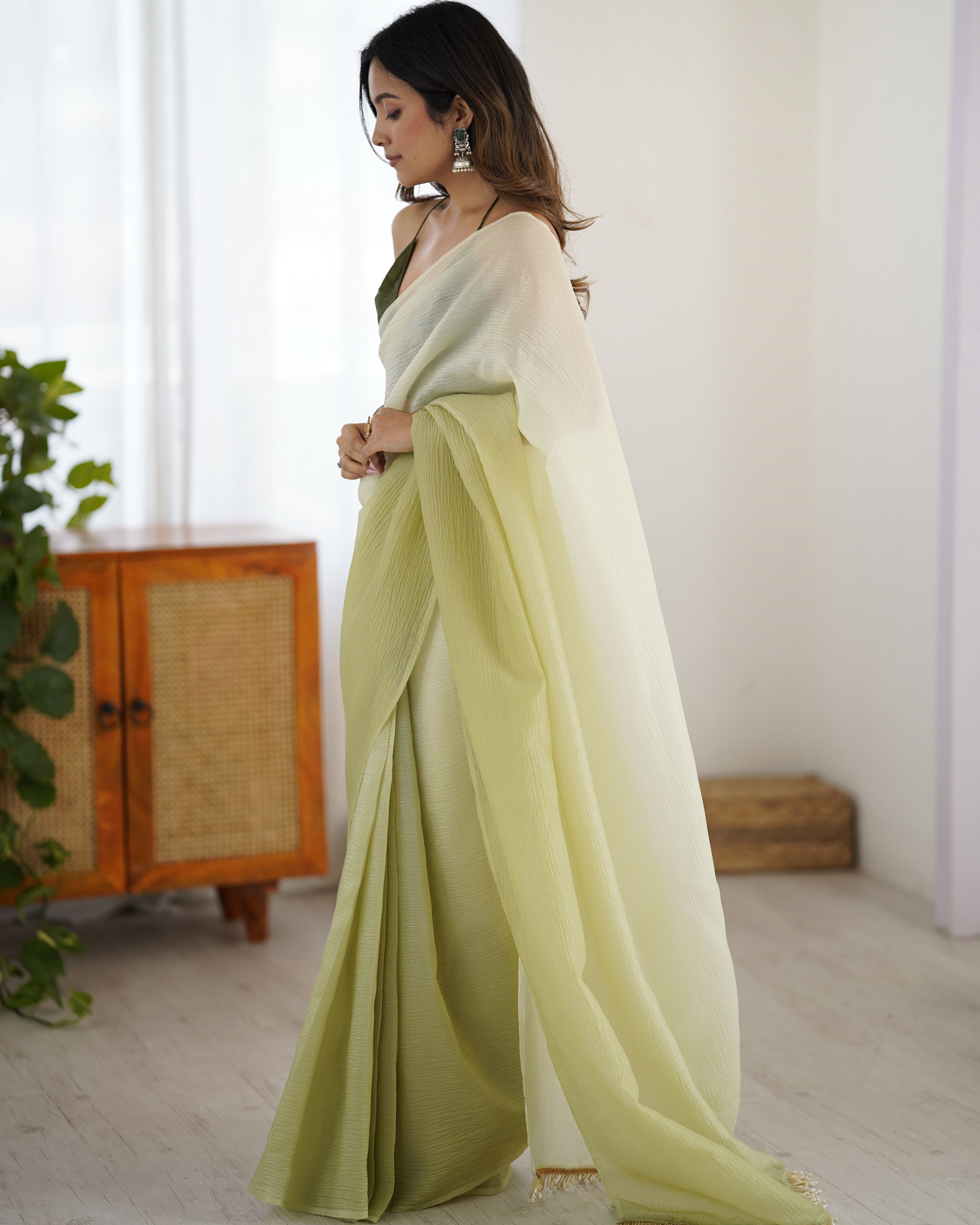 Lemon shaded Pure Soft Candy Crush Silk Ready to Wear Saree ##color## Ready to Wear Saree with premium fabric and embroidery