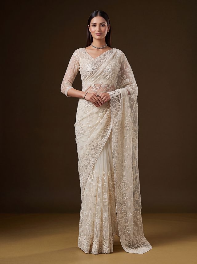 White Pure Premium Net Handwork Kasti &amp; Motif Zari Metallic Sequins Work Wedding Saree