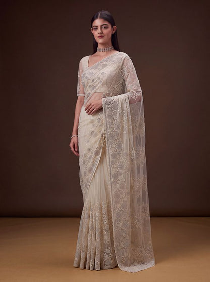 Cream Pure Premium Net Handwork Kasti &amp; Motif Zari Metallic Sequins Work Wedding Saree