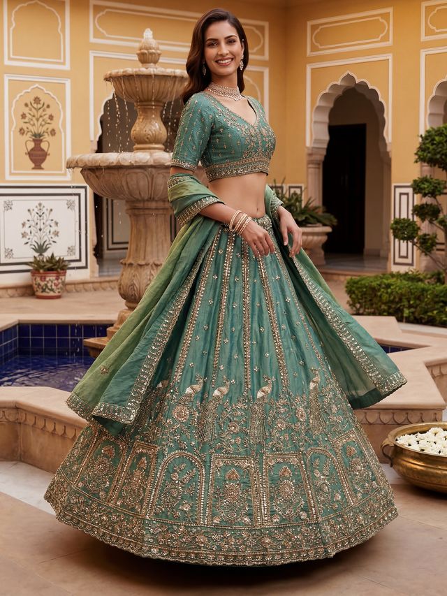 Dark Mint Pure Soft Heavy Fendi Orgenza Sequins Embroidery Work Bridal Lehenga 