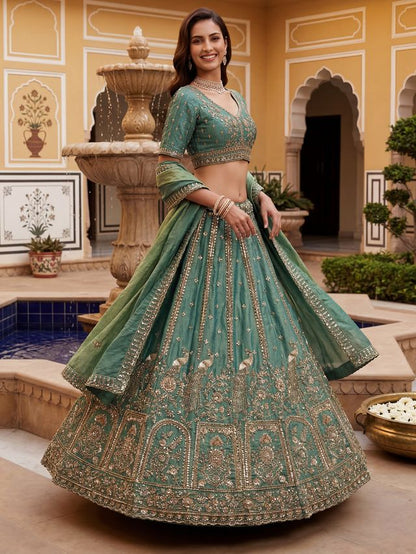 Dark Mint Pure Soft Heavy Fendi Orgenza Sequins Embroidery Work Bridal Lehenga 