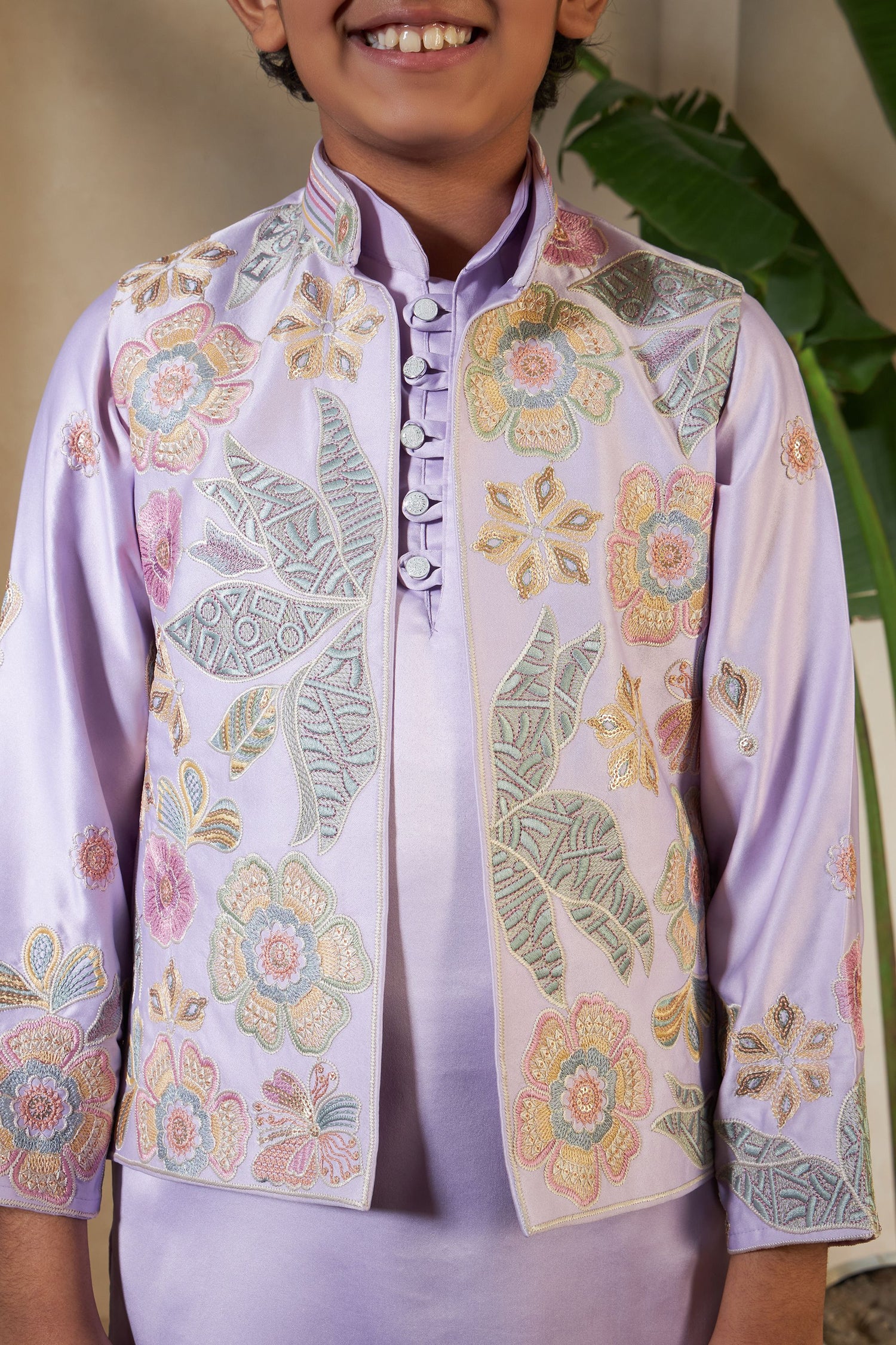 Lavender Pure Satin Silk Kids Boy Kurta Pajama With Koti Jacket 