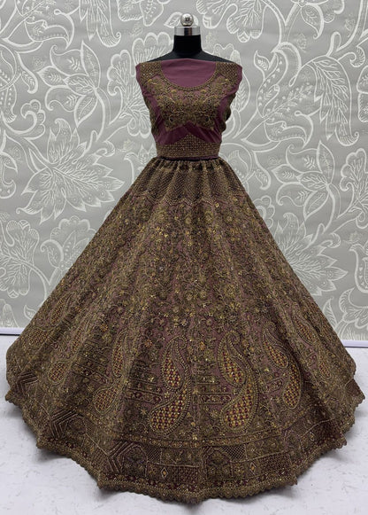 Light Purple Pure Soft Heavy Net Sequins Embroidery Work Bridal Lehenga 