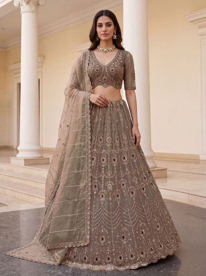 Beige Coppe Pure  Fendi Tussaud Silk Crystal Beads work Multi Thread Dori and Sequins Work Sequins Work Bridal Lehenga Choli