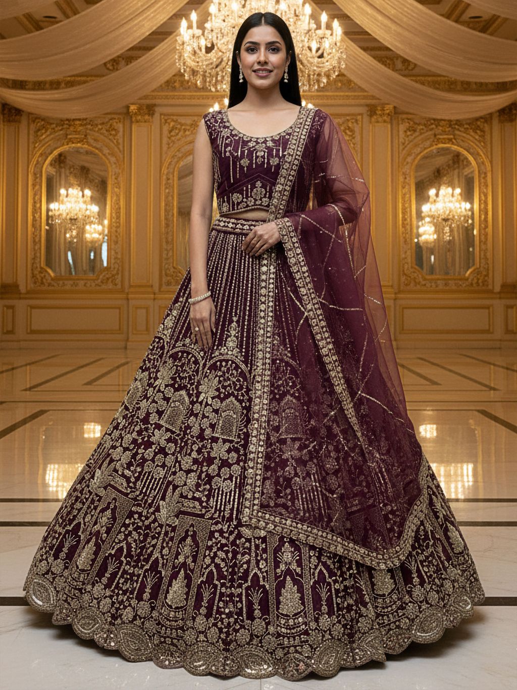 Merlot Pure Soft Net Heavy Embroidery Work Bridal Lehenga