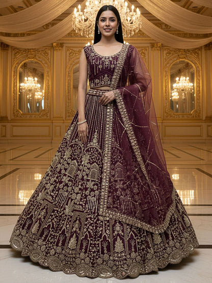 Merlot Pure Soft Net Heavy Embroidery Work Bridal Lehenga Bridal Lehenga Anant Tex Exports Pvt.Ltd..