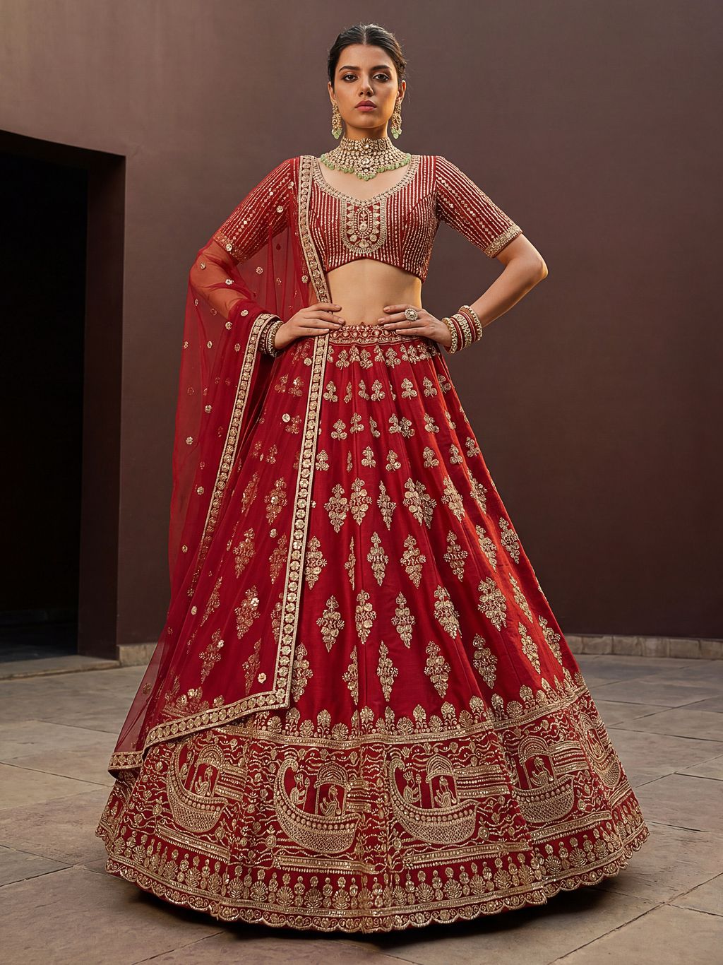 Red Pure Soft Heavy Silk Sequins Embroidery Work Bridal Lehenga 