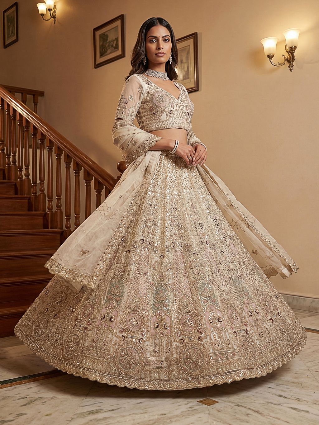 White Pure Soft Heavy Net Sequins Embroidery Work Bridal Lehenga 