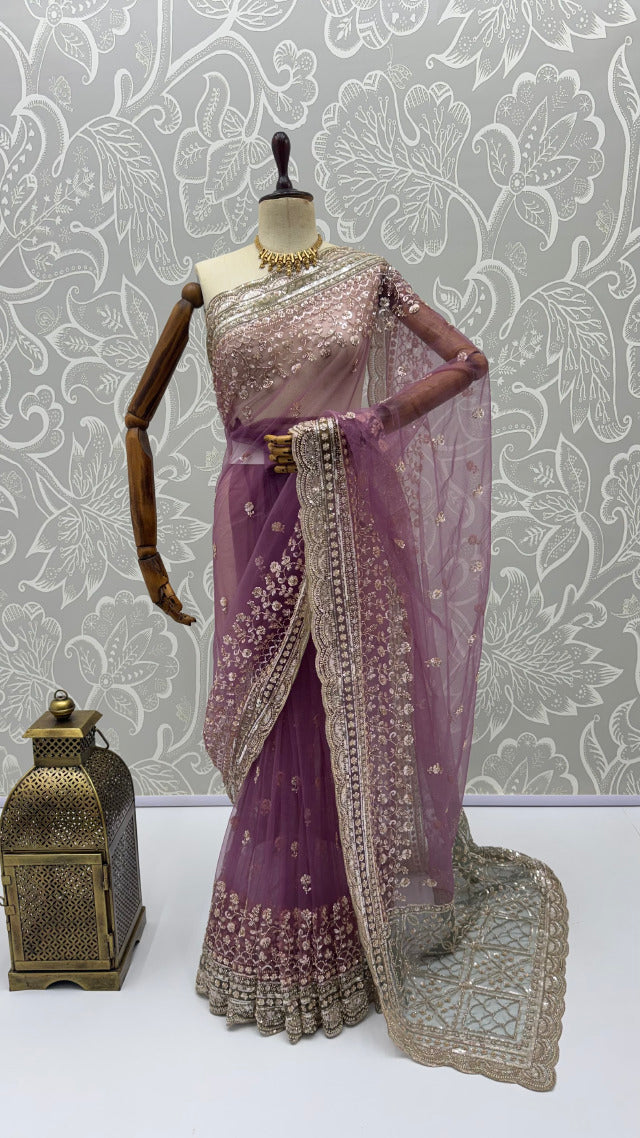 Purple Pure Premium Net Handwork Kasti &amp; Motif Zari Metallic Sequins Work Wedding Saree
