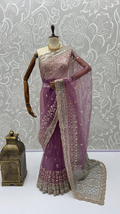 Purple Pure Premium Net Handwork Kasti &amp; Motif Zari Metallic Sequins Work Wedding Saree