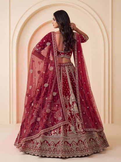 Red Pure Soft Multi Color Motif Multi thread Embroidery Sequins Work Bridal Lehenga Choli