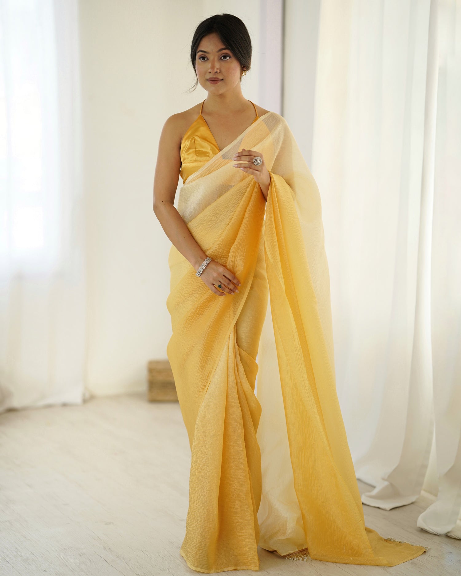 Yellow shaded Pure Soft Candy Crush Silk Ready to Wear Saree 