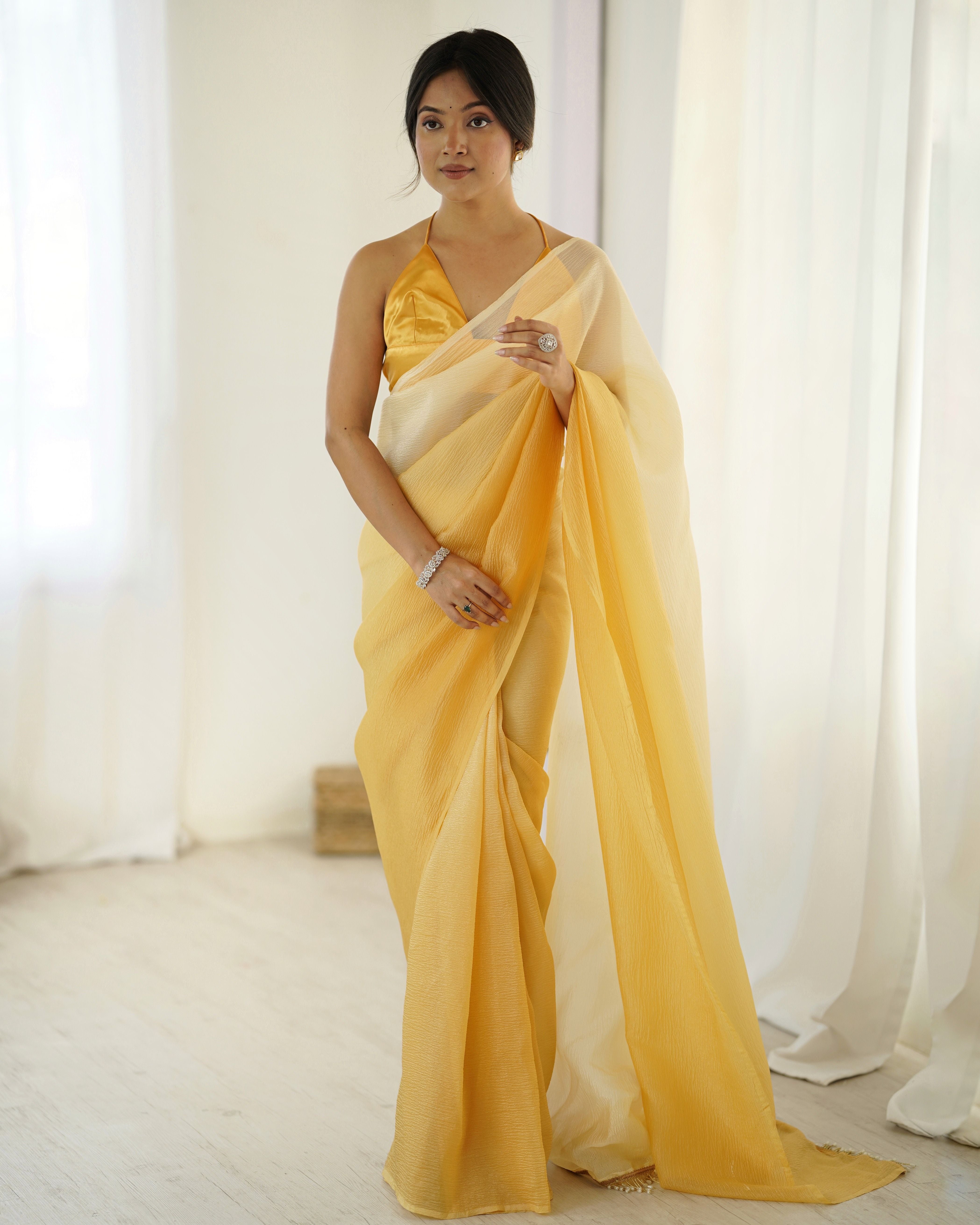 Yellow shaded Pure Soft Candy Crush Silk Ready to Wear Saree ##color## Ready to Wear Saree with premium fabric and embroidery