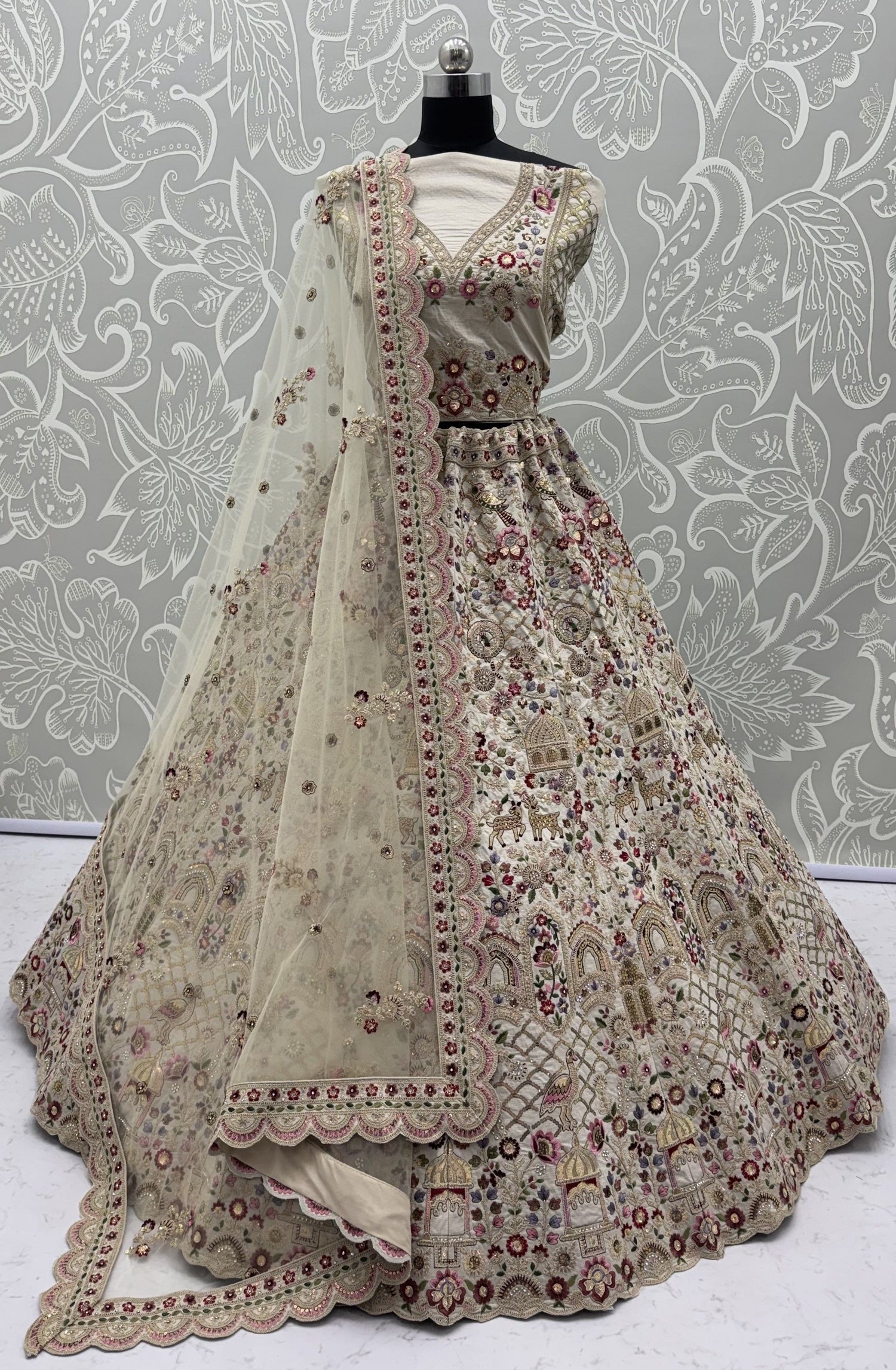 Off White Pure Soft Gadhwal Silk Heavy Embroidery Work Bridal Lehenga Choli