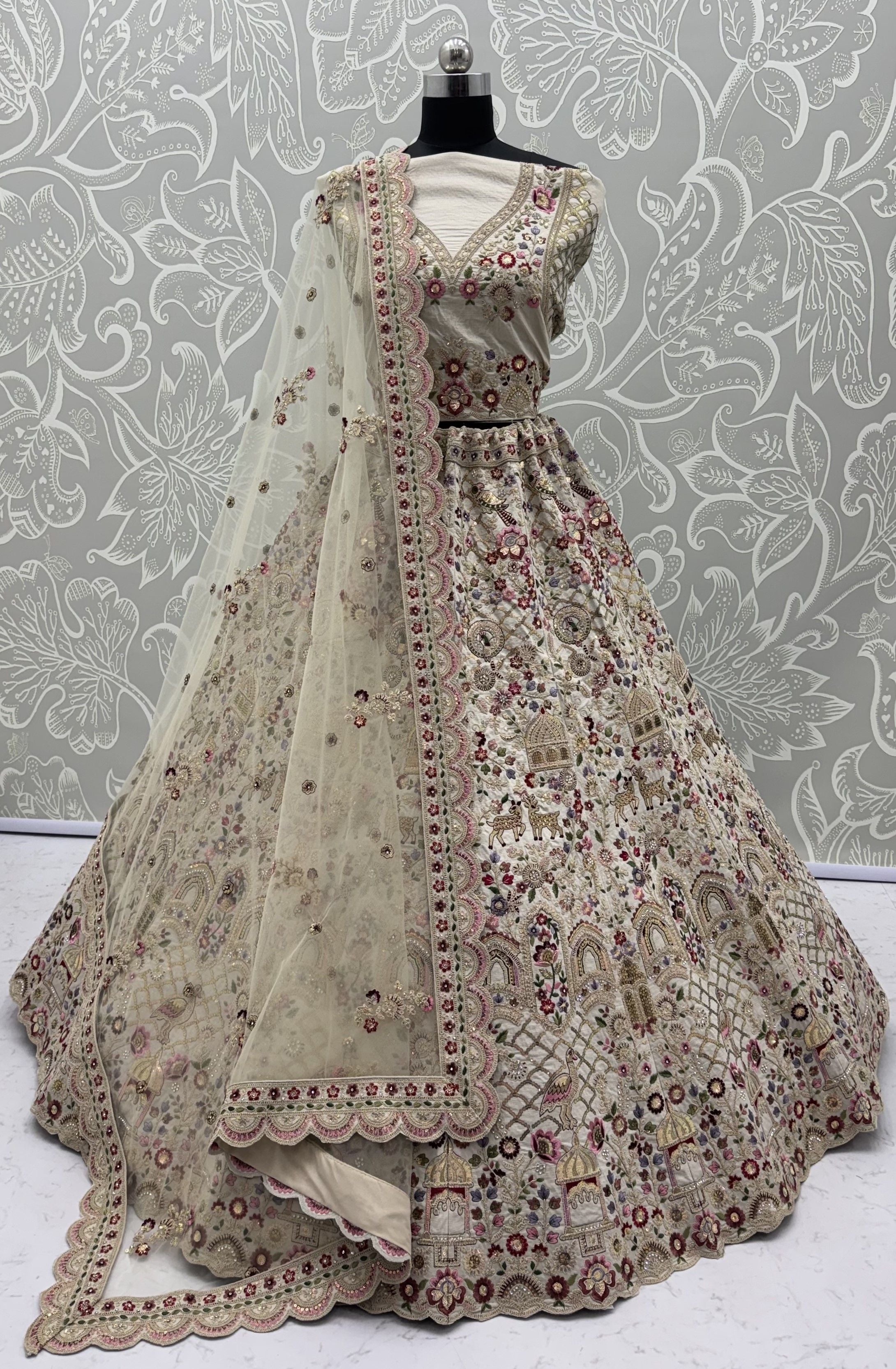 Off White Pure Soft Gadhwal Silk Heavy Embroidery Work Bridal Lehenga Choli