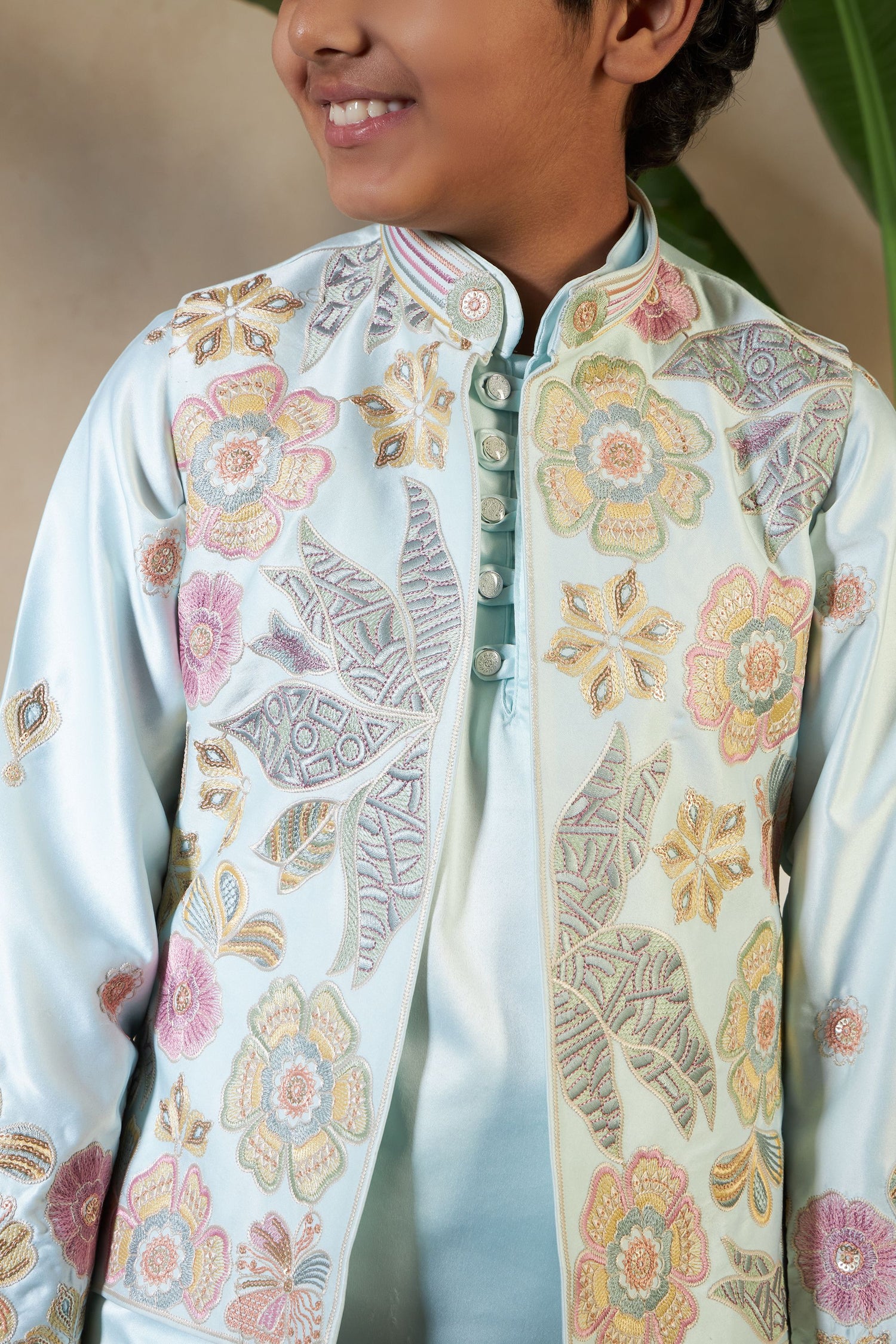 Pista Pure Satin Silk Kids Boy Kurta Pajama With Koti Jacket 