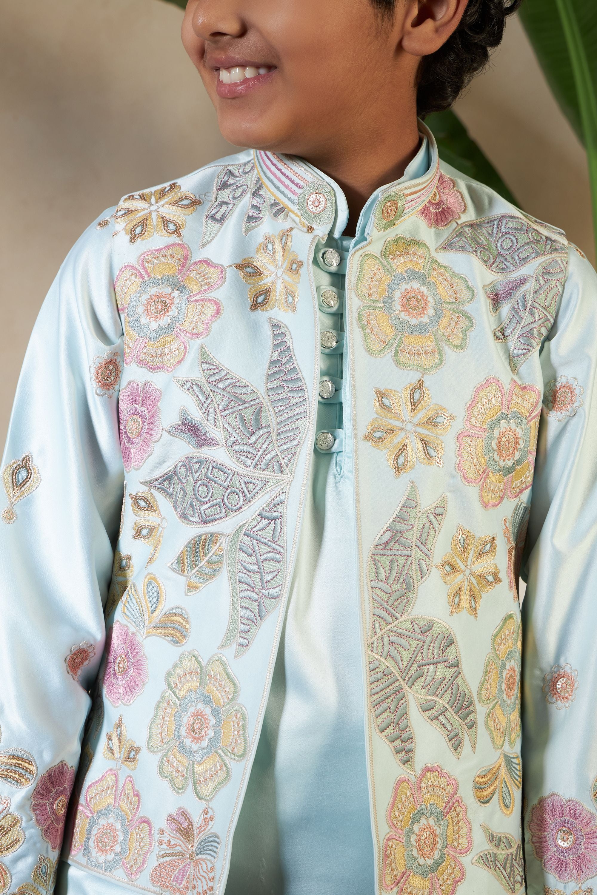 Pista Pure Satin Silk Kids Boy Kurta Pajama With Koti Jacket 