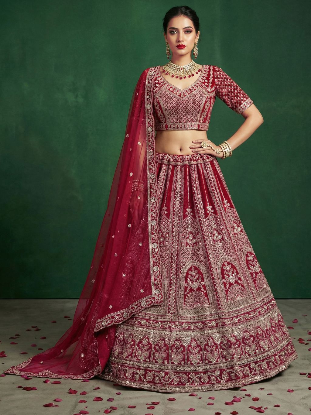 Red Pure Soft Satin Silk Heavy Embroidery Work Bridal Lehenga