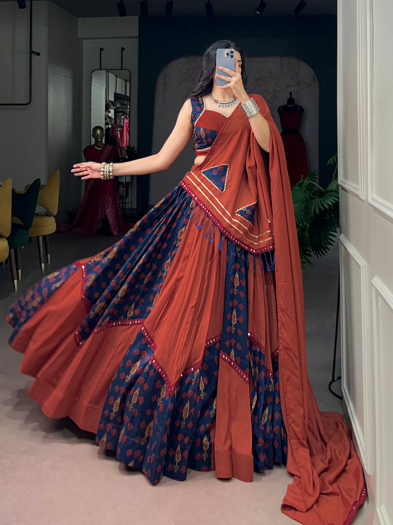 Brown Pure Tasar Silk With Mirror Work Chaniya Choli