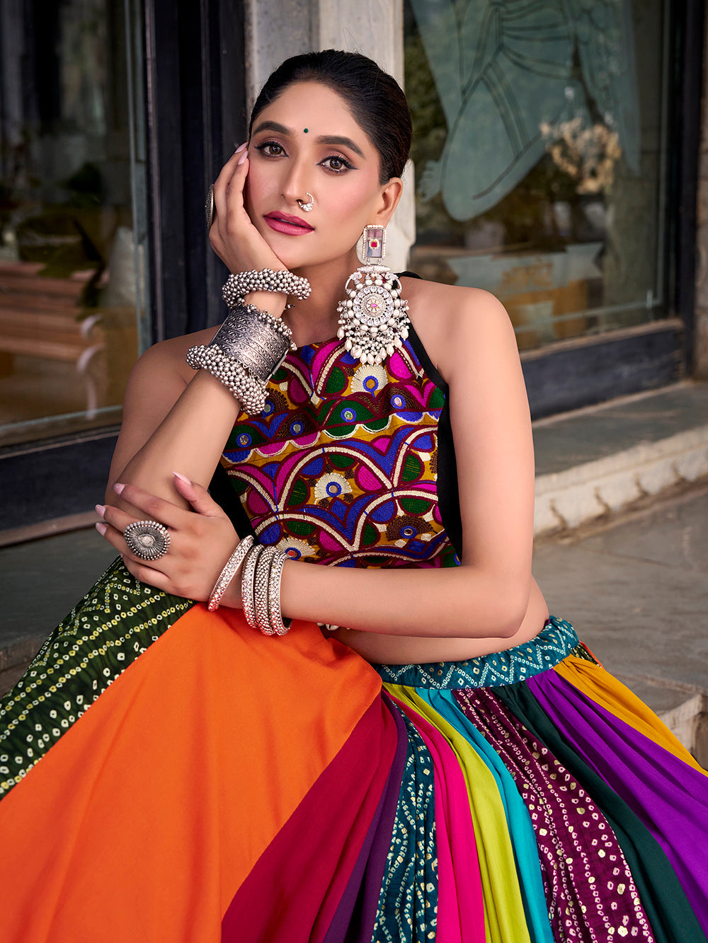 Multicolour Pure Reyon Cotton Embroidery Work Navratri Lehenga Choli