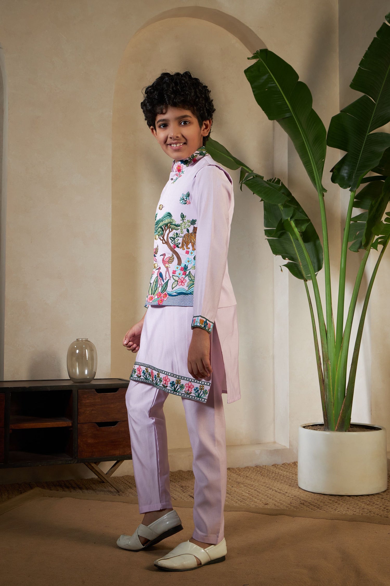 Lavender Pure Viscose Silk Silk Kids Boy Kurta Pajama With Koti Jacket 