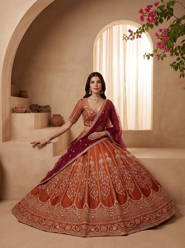 Orange Pure Soft Heavy Net Sequins Embroidery Work Bridal Lehenga Choli 