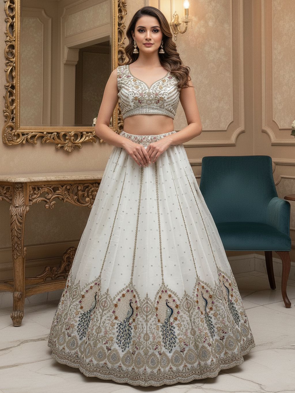 White Pure Soft Gadhwal Silk Heavy Embroidery Work Bridal Lehenga