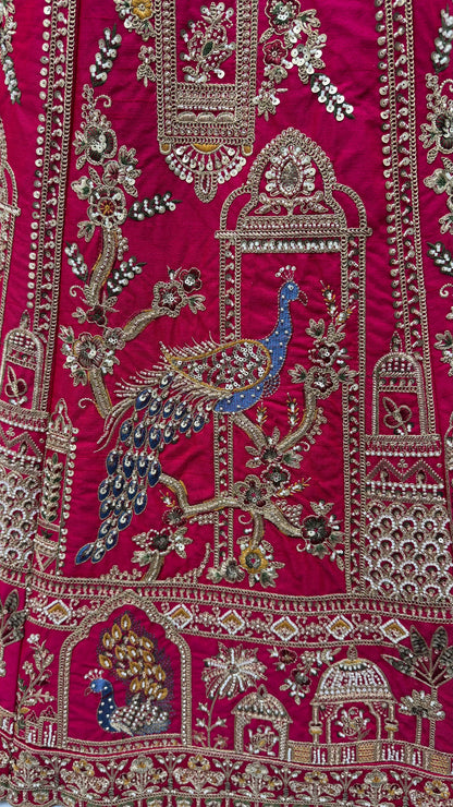 Rani Pink Pure Gadhwal Silk Khatali Handwork Sequins &amp; Crystal Bridal Lehenga Choli
