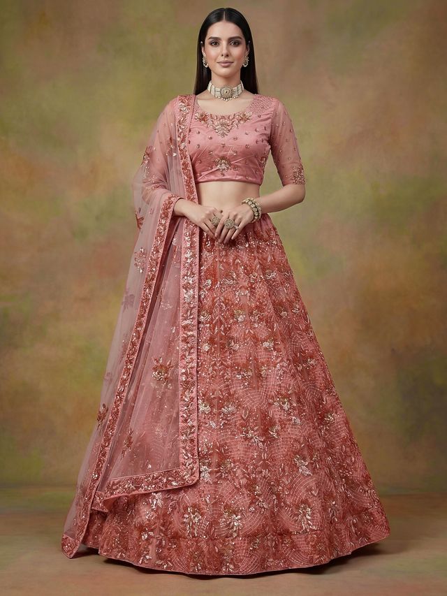 Peach Pink Pure Soft Heavy Net Sequins Embroidery Work Bridal Lehenga 