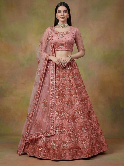 Peach Pink Pure Soft Heavy Net Sequins Embroidery Work Bridal Lehenga 