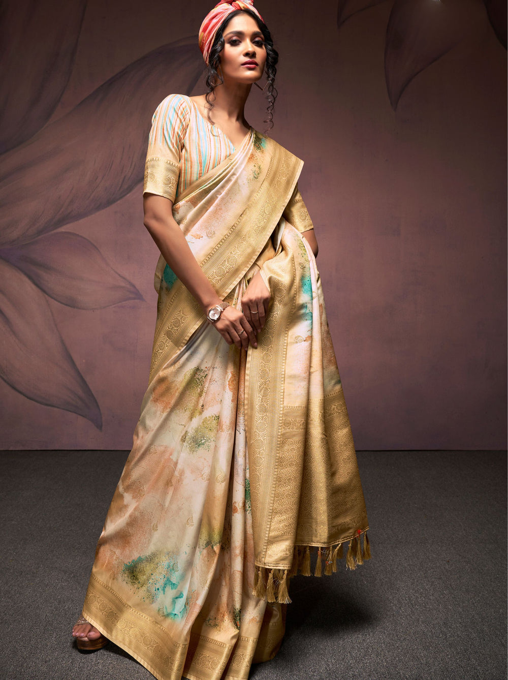 Gold Cream Pure Banarasi Handloom Digital Printed Silk Saree 
