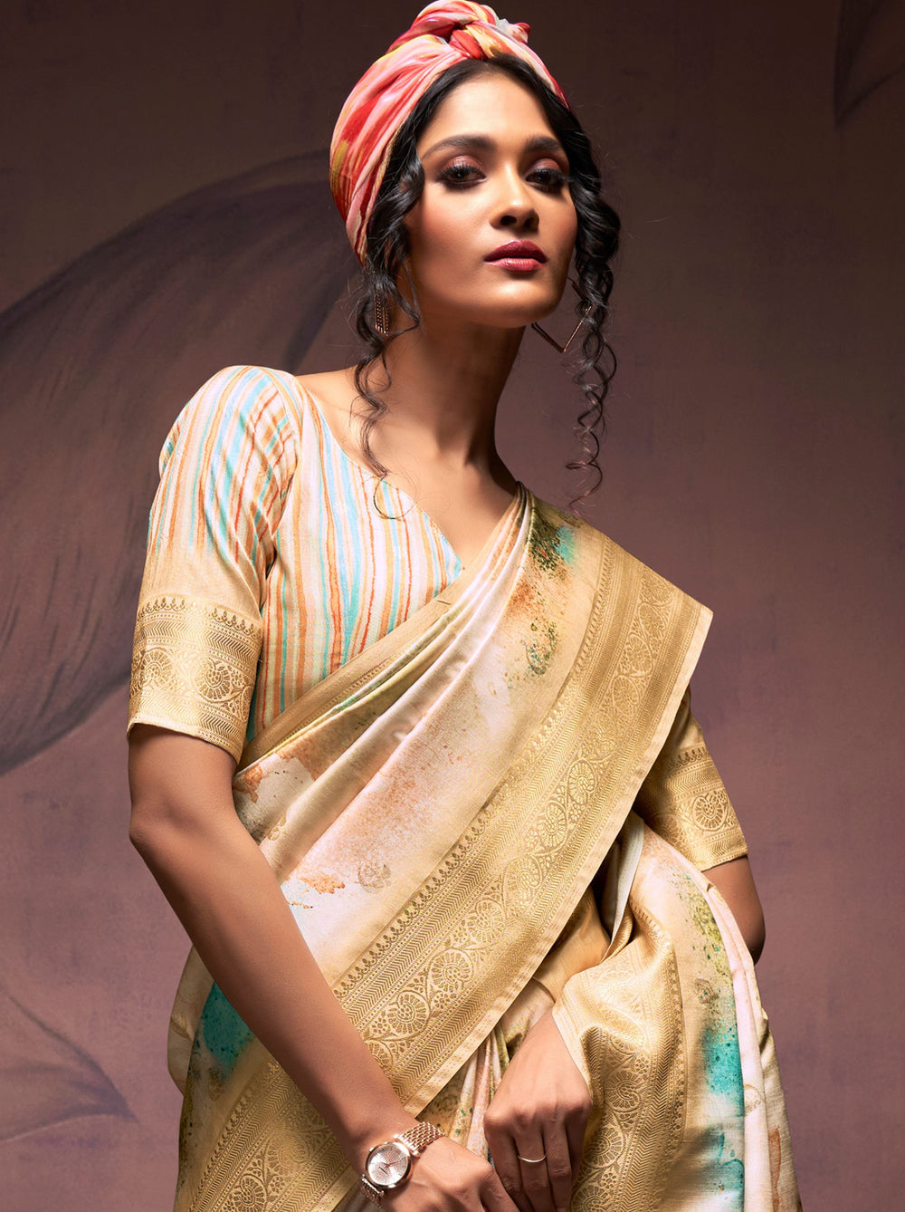 Gold Cream Pure Banarasi Handloom Digital Printed Silk Saree 