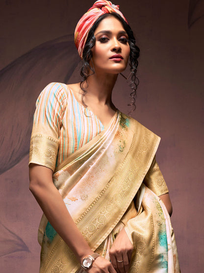 Gold Cream Pure Banarasi Handloom Digital Printed Silk Saree 