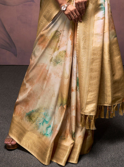 Gold Cream Pure Banarasi Handloom Digital Printed Silk Saree 
