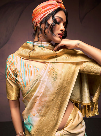 Gold Cream Pure Banarasi Handloom Digital Printed Silk Saree 